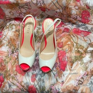 Guess white peep toe swing backs